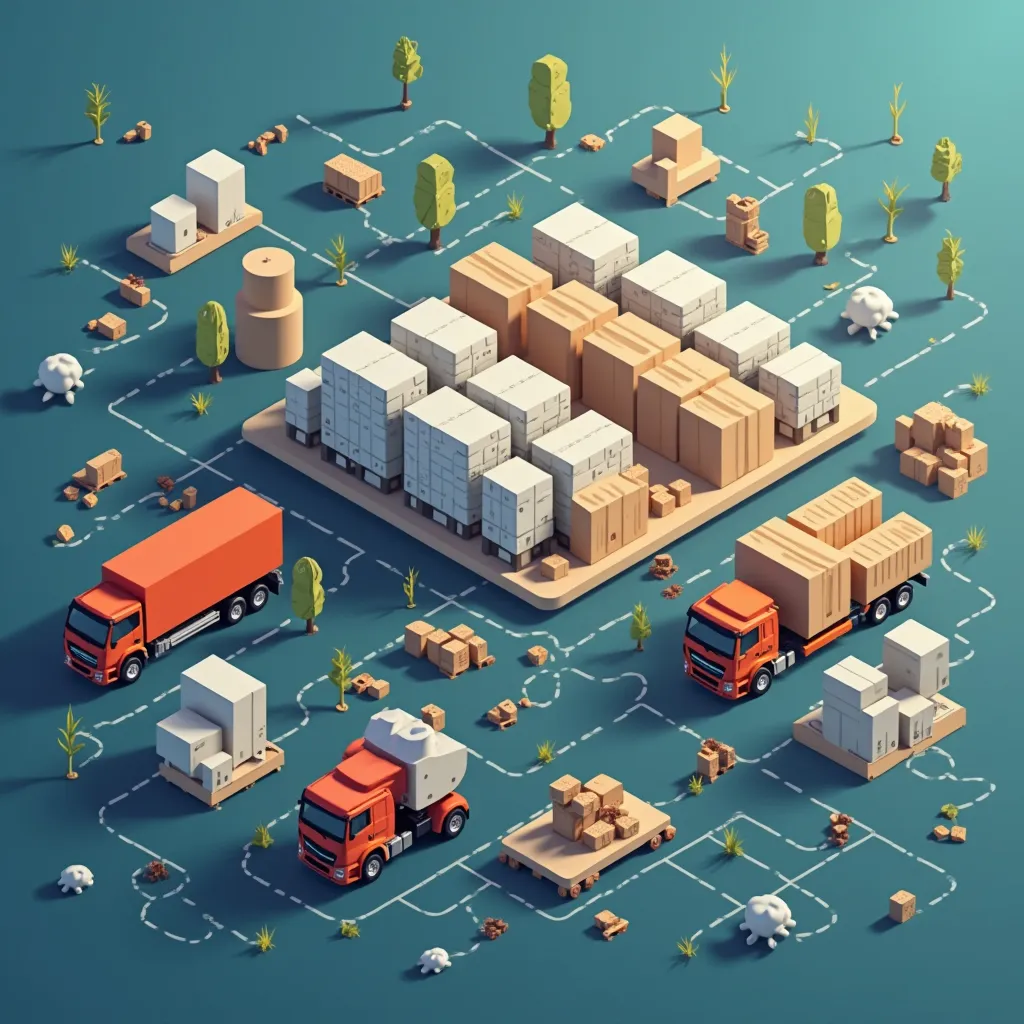 Red de cadena de suministro con centro de distribución conectado a múltiples rutas de transporte